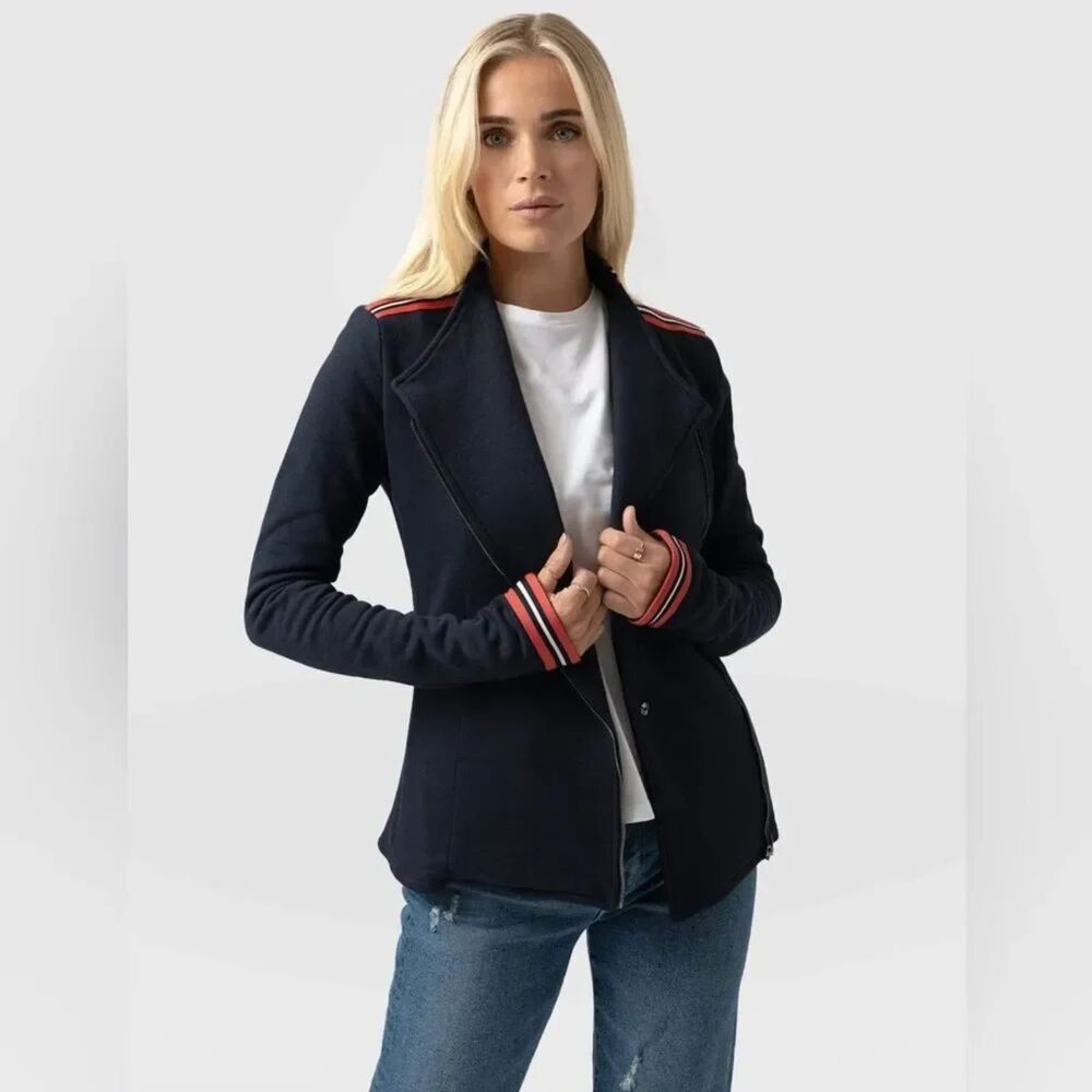 SAINT + SOFIA Women's Biker Jacket Navy Stripe Organic Cotton Sz 10
